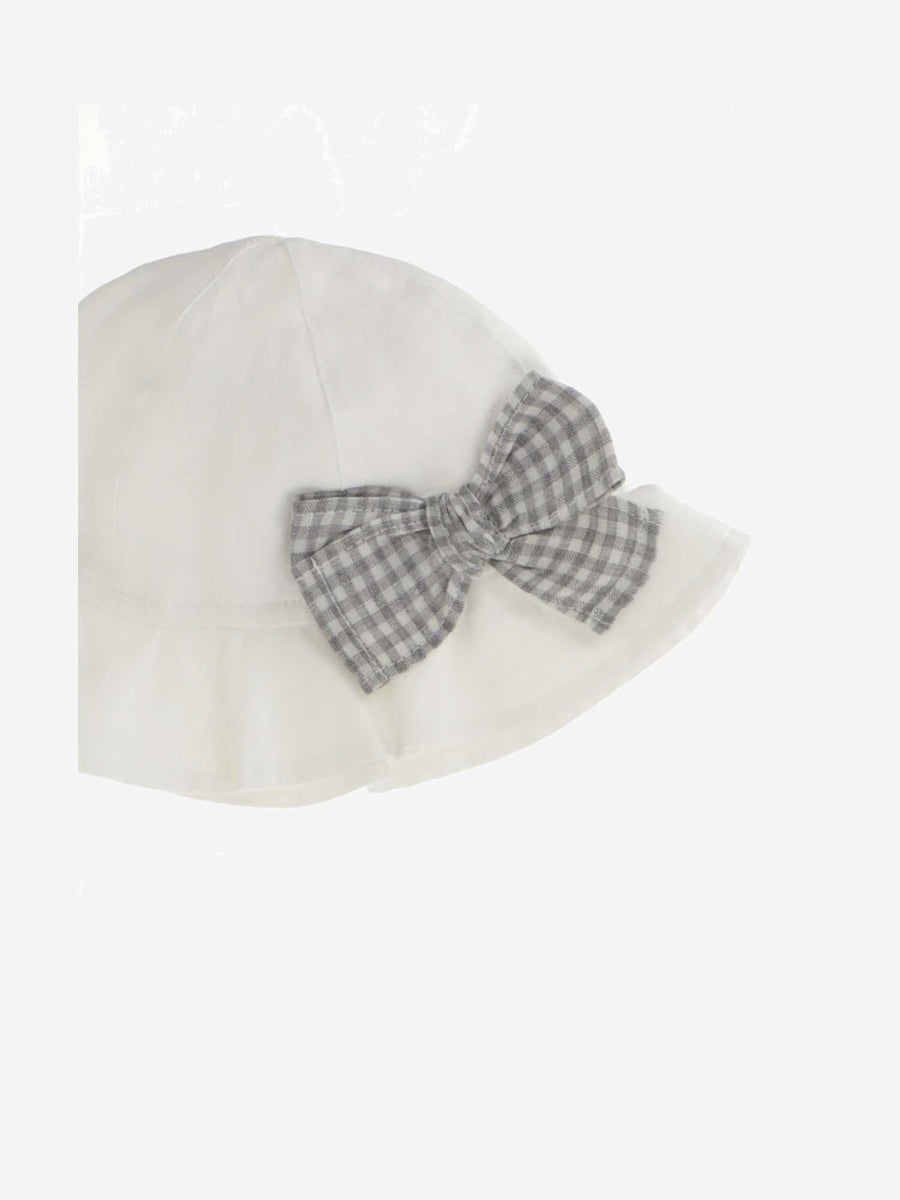 Baby Linen Hat With Vichy Bow White Shell: Linen; Lining: Cotton
