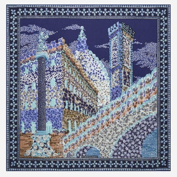 Silk Scarf With Palazzo Print Navy