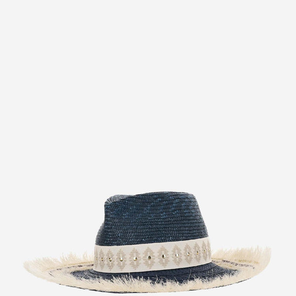 Straw And Viscose Blend Hat With Embroidery Navy