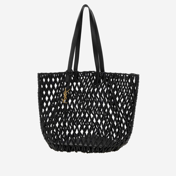 Shopping Bag Wooden Beaded Black Leather And Wood Shoulder