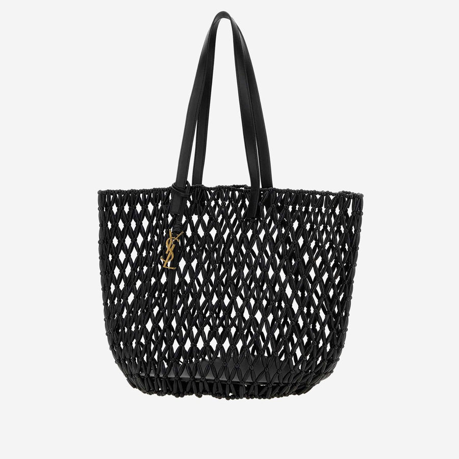 Shopping Bag Wooden Beaded Black Leather And Wood Shoulder