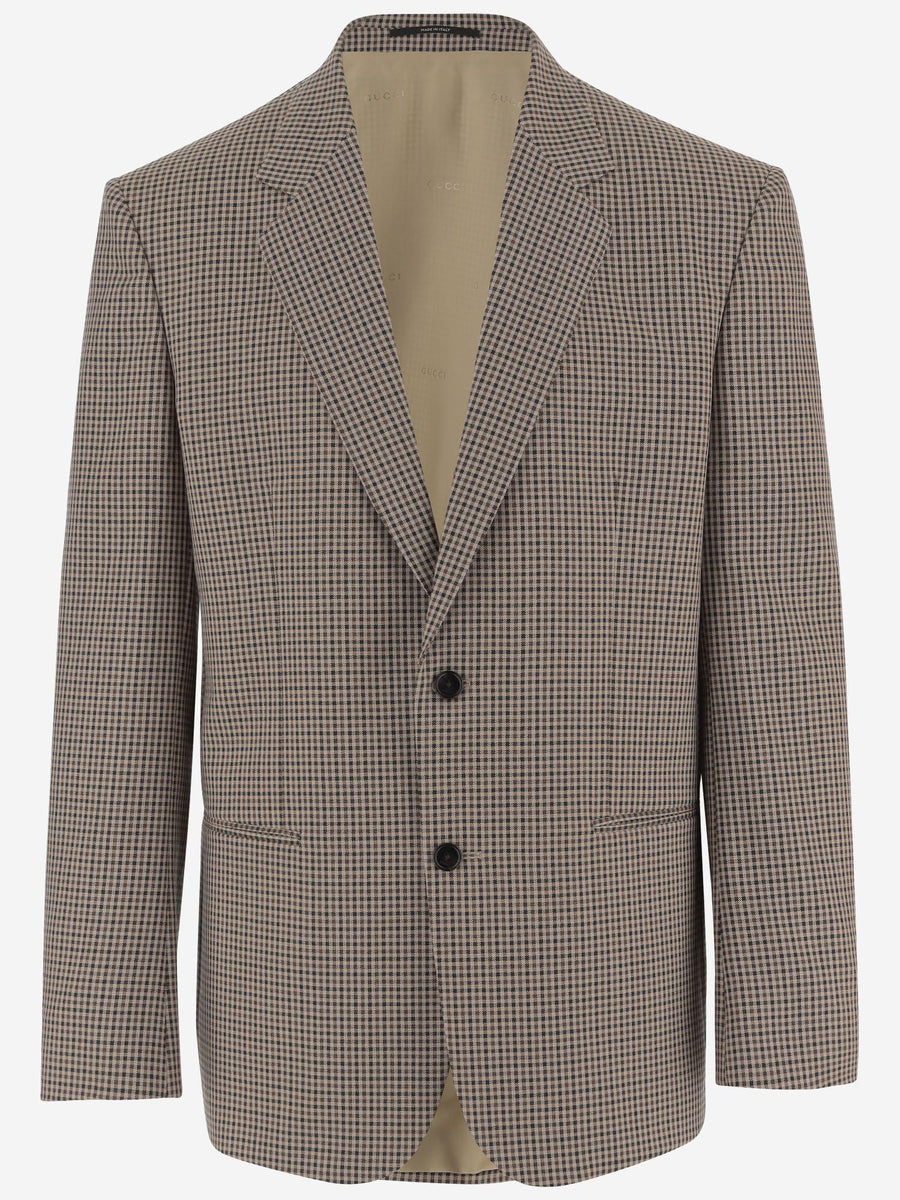 Jacket Single-Breasted Wool Checked Beige