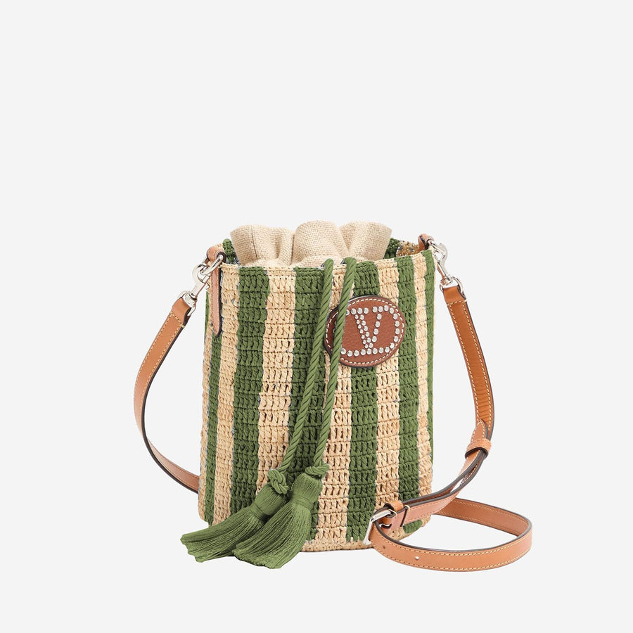 Bucket Bag Striped Raffia Green Shoulder