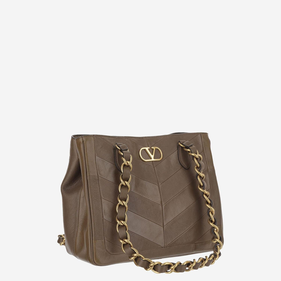 Leather Bag With Chevron Pattern Brown Shoulder