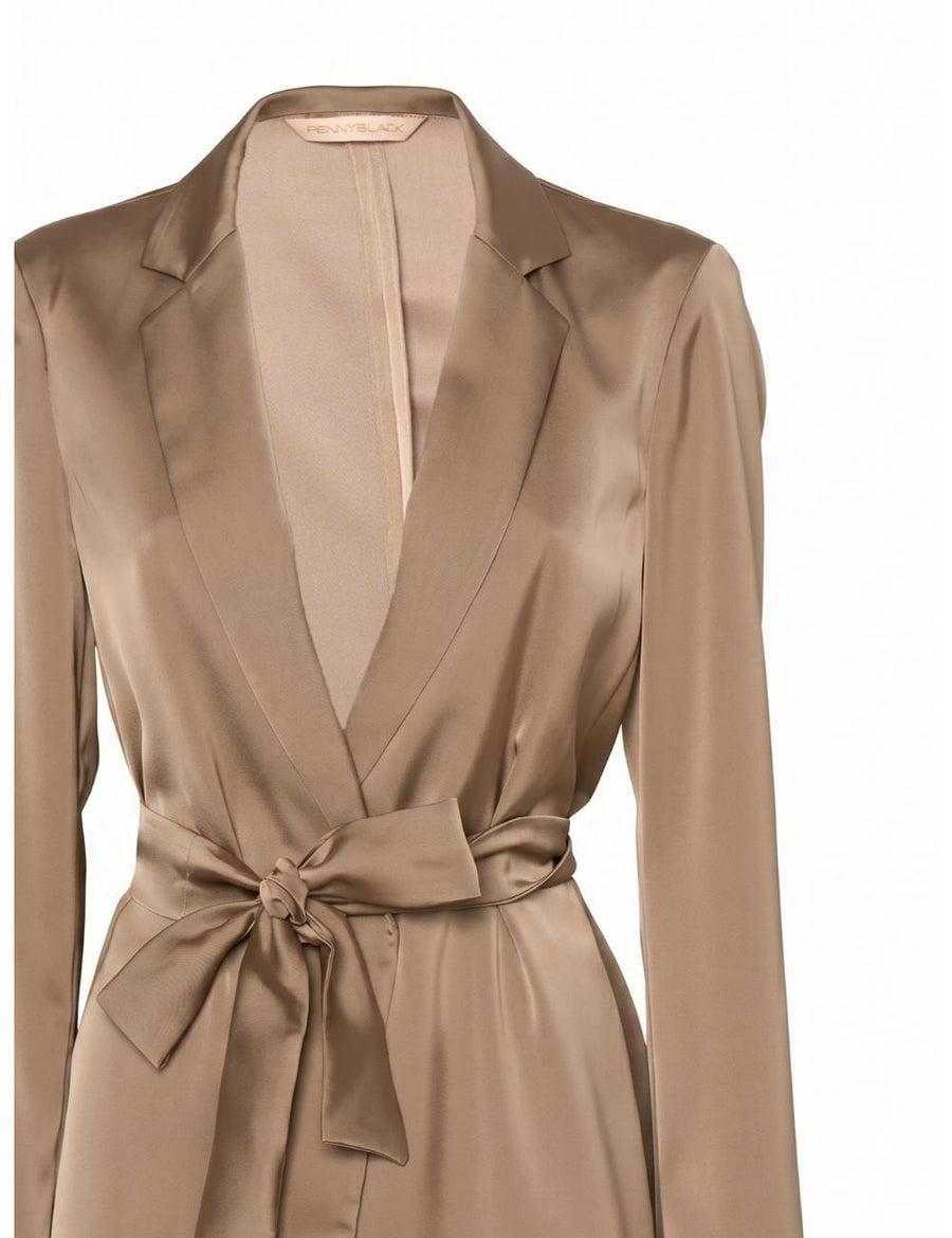 Shawl-Lapel Belted Jacket Sand Polyester