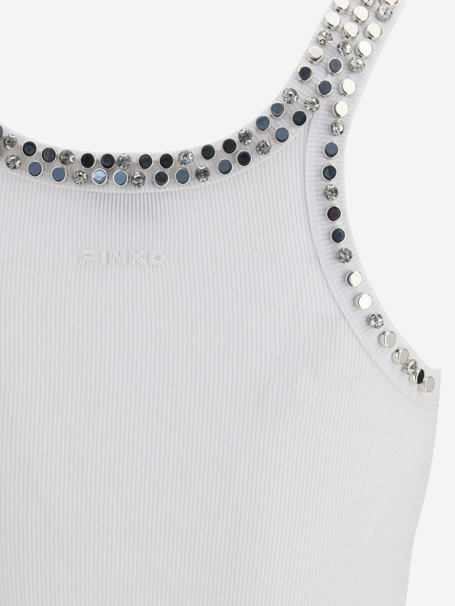 Ribbed Top With Jewel Embroidery White Cotton Tops