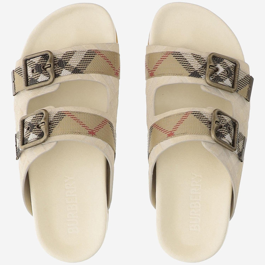 Mixed Leather Slippers With Double Strap Ivory Calf Split