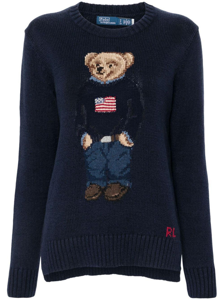 Knit Sweater Polo Bear Navy Blue Cotton