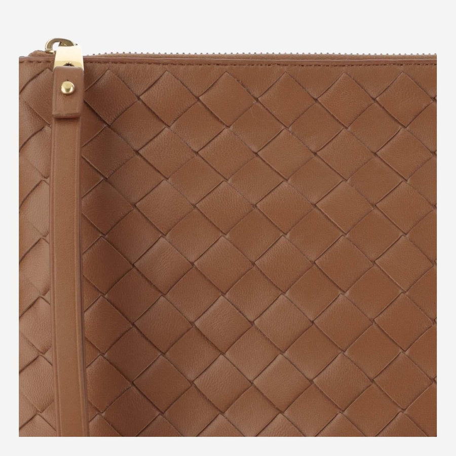 Medium Flat Intrecciato Pouch Brown Lambskin Clutch Bags