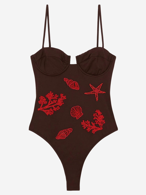 One-Piece Swimsuit With Marine Embroidery Brown Polyamide Swimwear