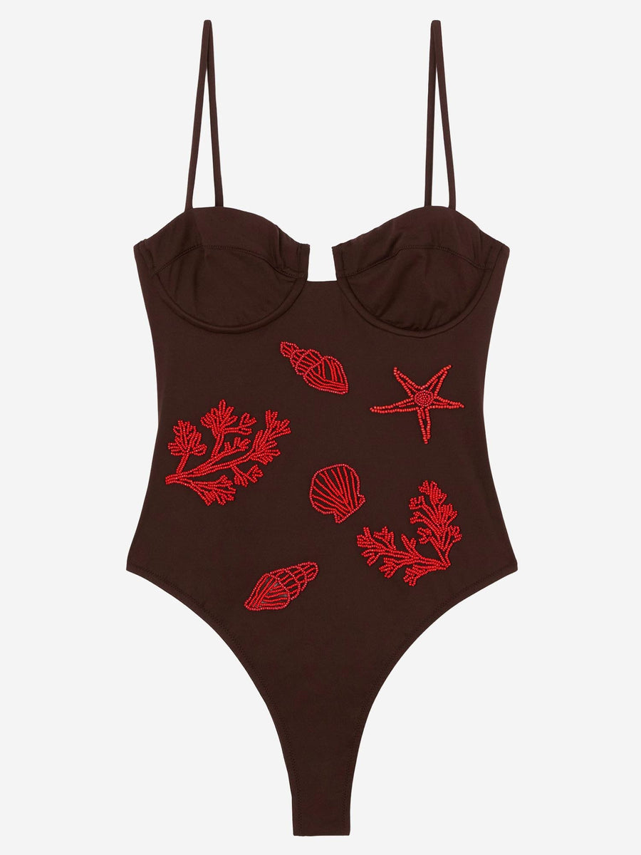 One-Piece Swimsuit With Marine Embroidery Brown Polyamide Swimwear