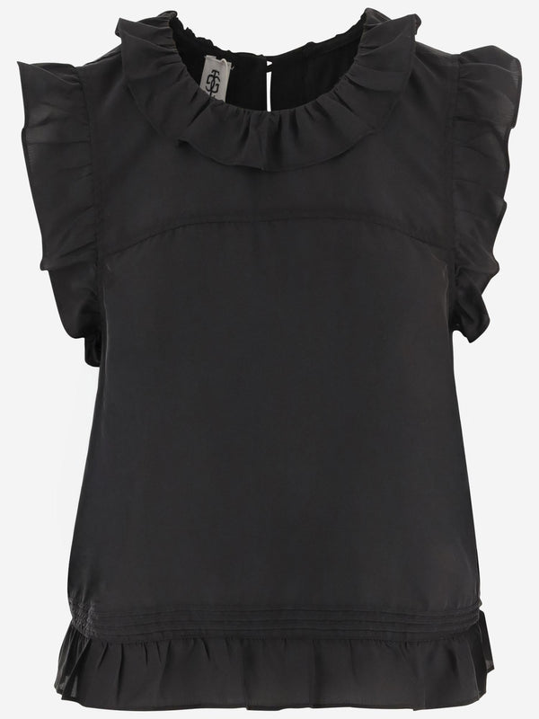 Silk Ruffle Top With Back Ties Black Tops