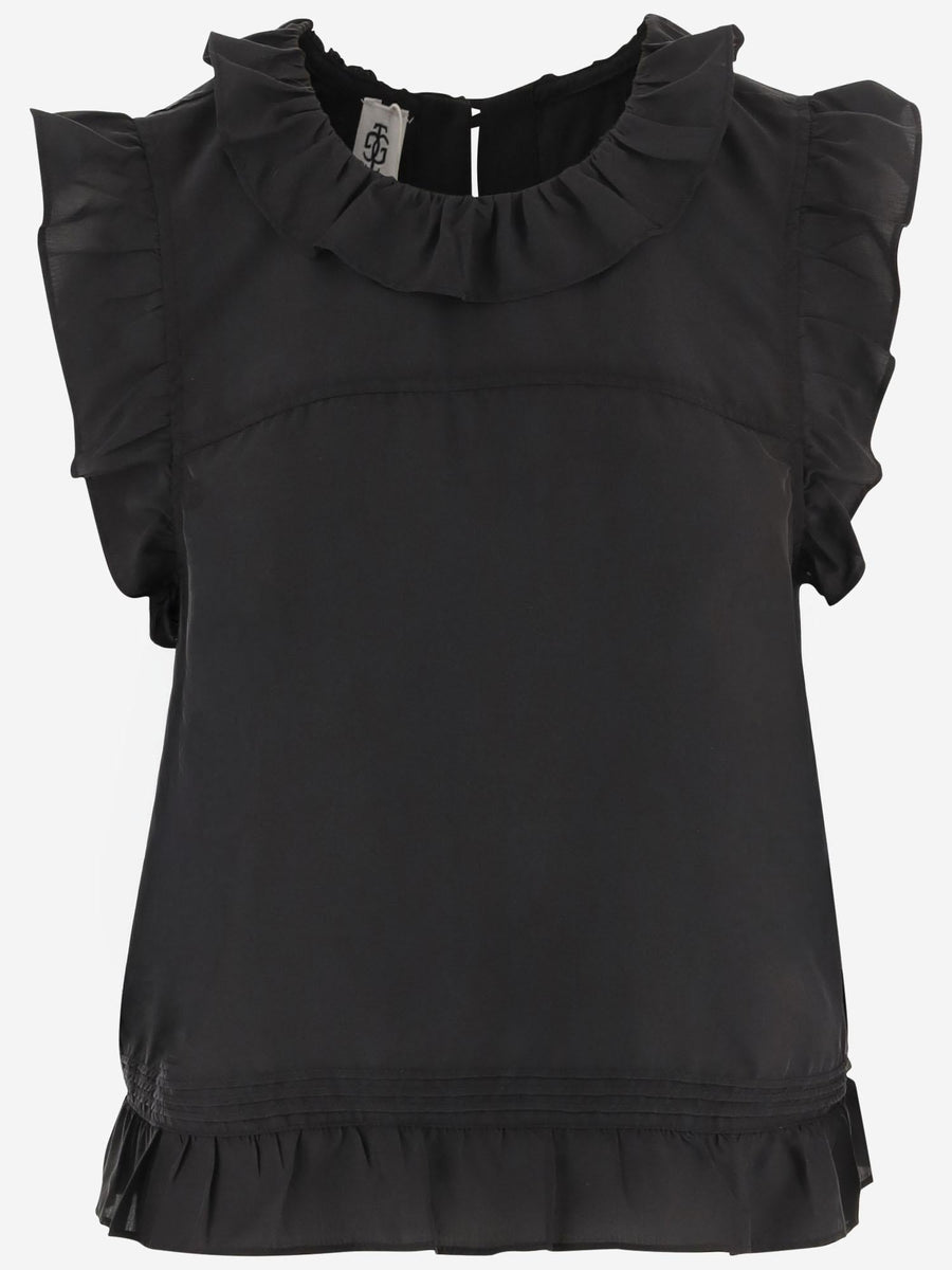 Silk Ruffle Top With Back Ties Black Tops