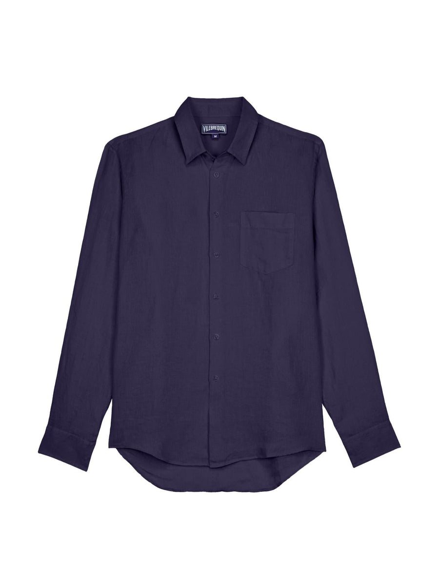 Navy Blue Linen Shirt With Embroidery