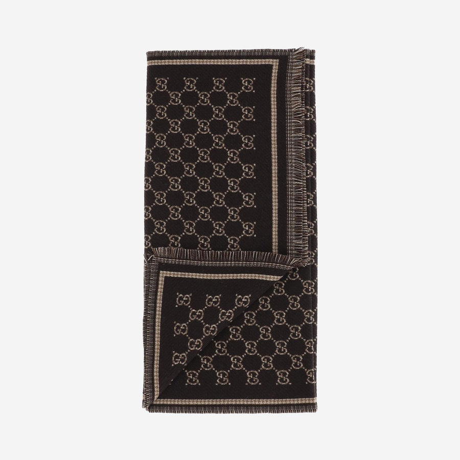 Wool Scarf With Gg Pattern - Brown