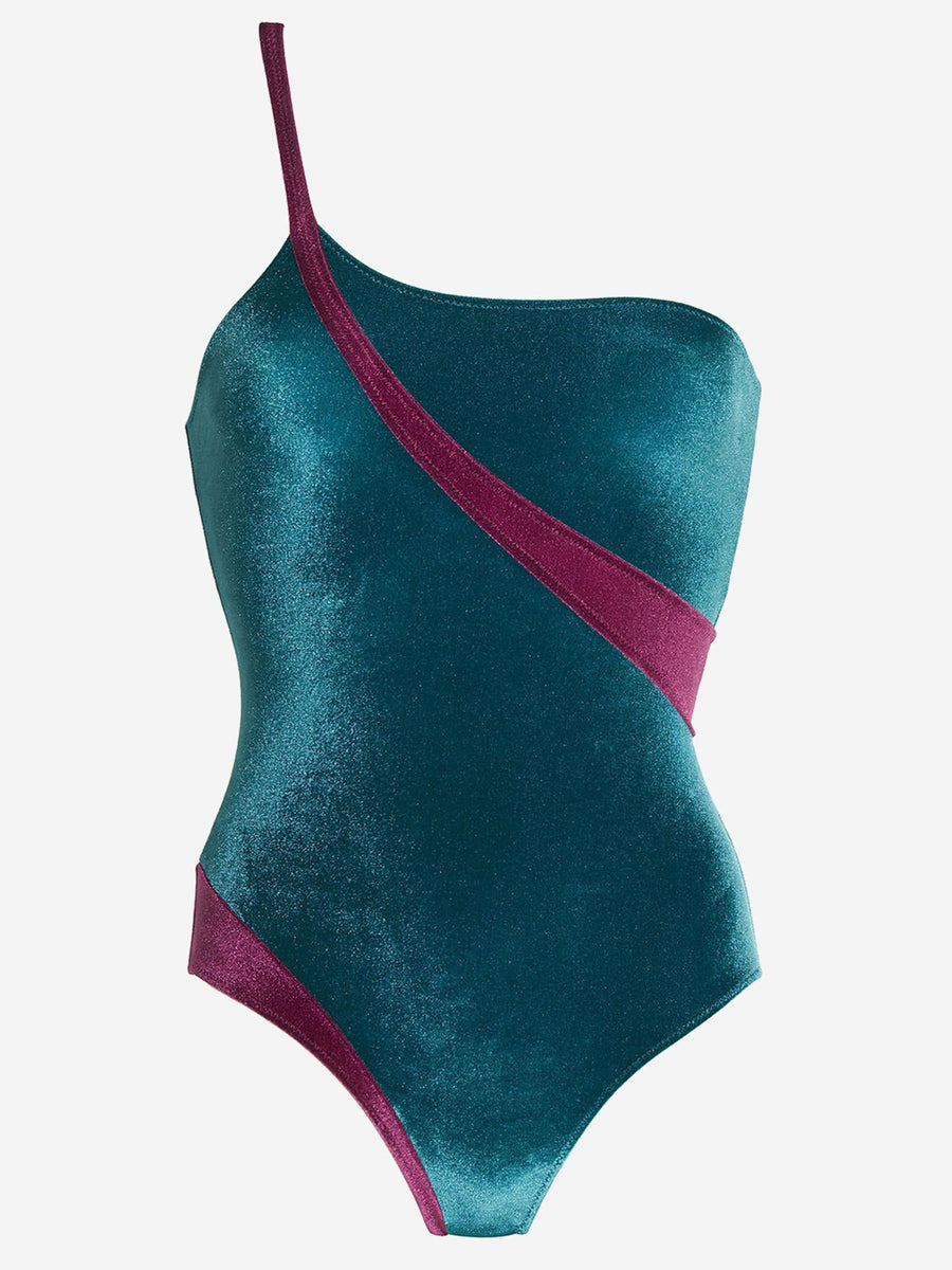 Full Bathing Suit With Block Pattern Petroleum/burgundy Polyamide Swimwear