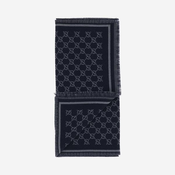 Wool Scarf With Gg Pattern Navy