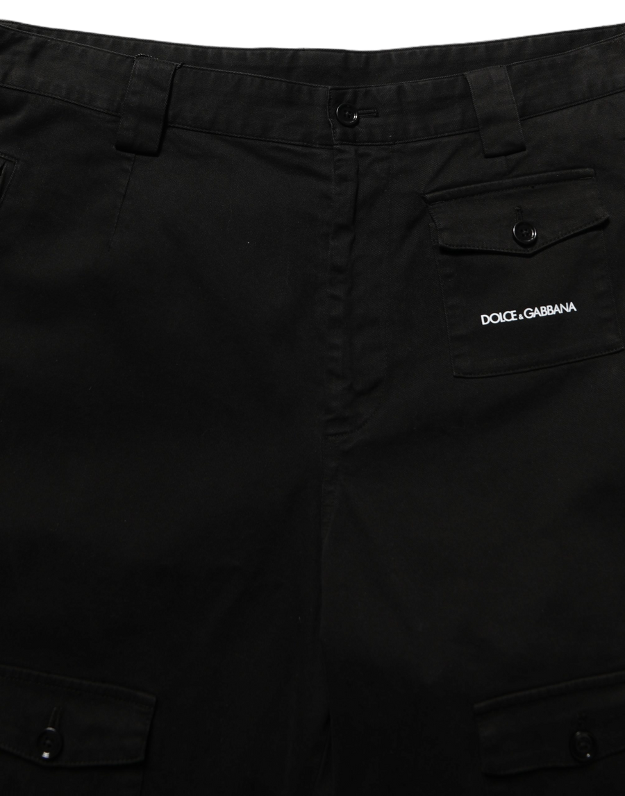 Black Cotton Mid Waist Men Cargo Shorts Elastane