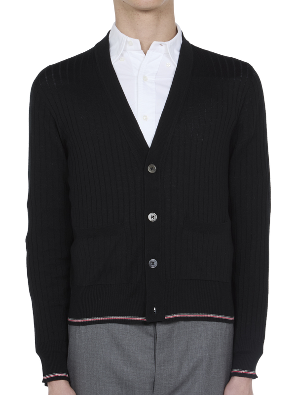 Thom Browne Ribbed Merino Wool Cardigan — Black