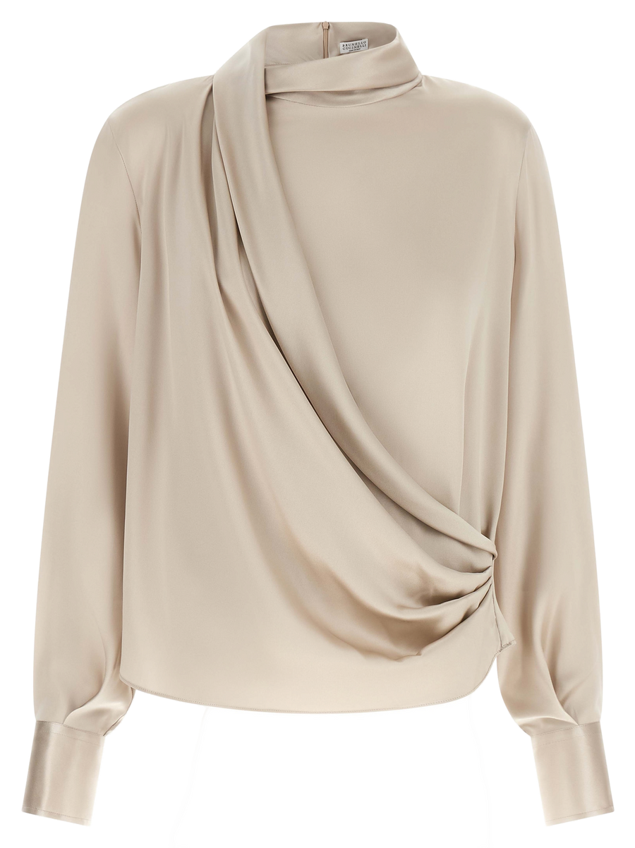 Brunello Cucinelli Stretch silk with satin cuffs blouse in beige