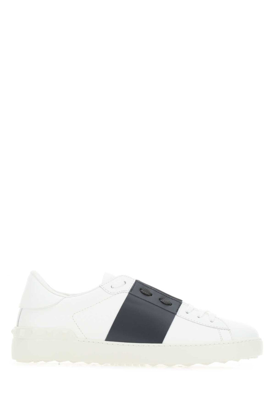 Navy Blue Leather Open Sneakers With Black Band Biancomarinebianco