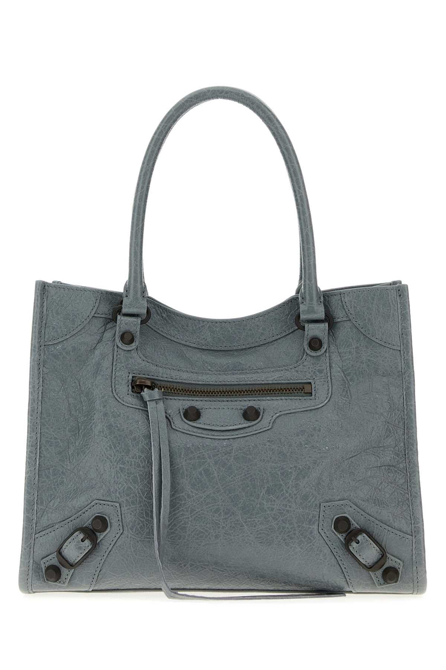Balenciaga City Exterior: 100% Lamb. Lining: 100% Fabric. Finishing: Enameled metal shoulder bag in gray