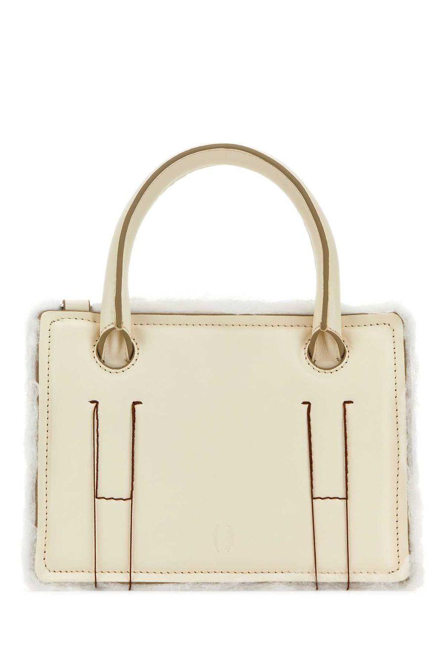 Dentro Tracolla Exterior: 100% Calf Leather; Lining: 100% Leather; Finishing: Silver metal top handle bag in cream
