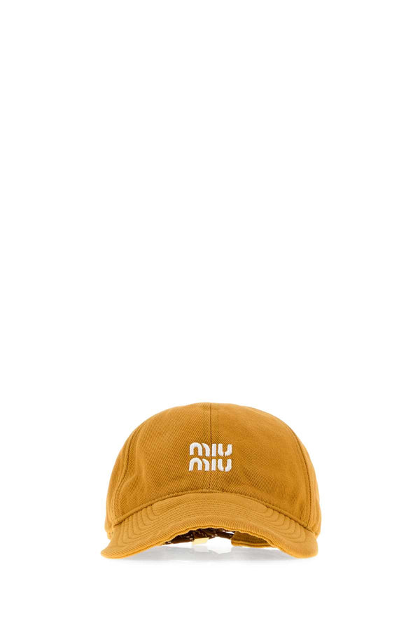 Miu Miu CAPPELLI 100% cotton with calf leather details baseball cap in yellow