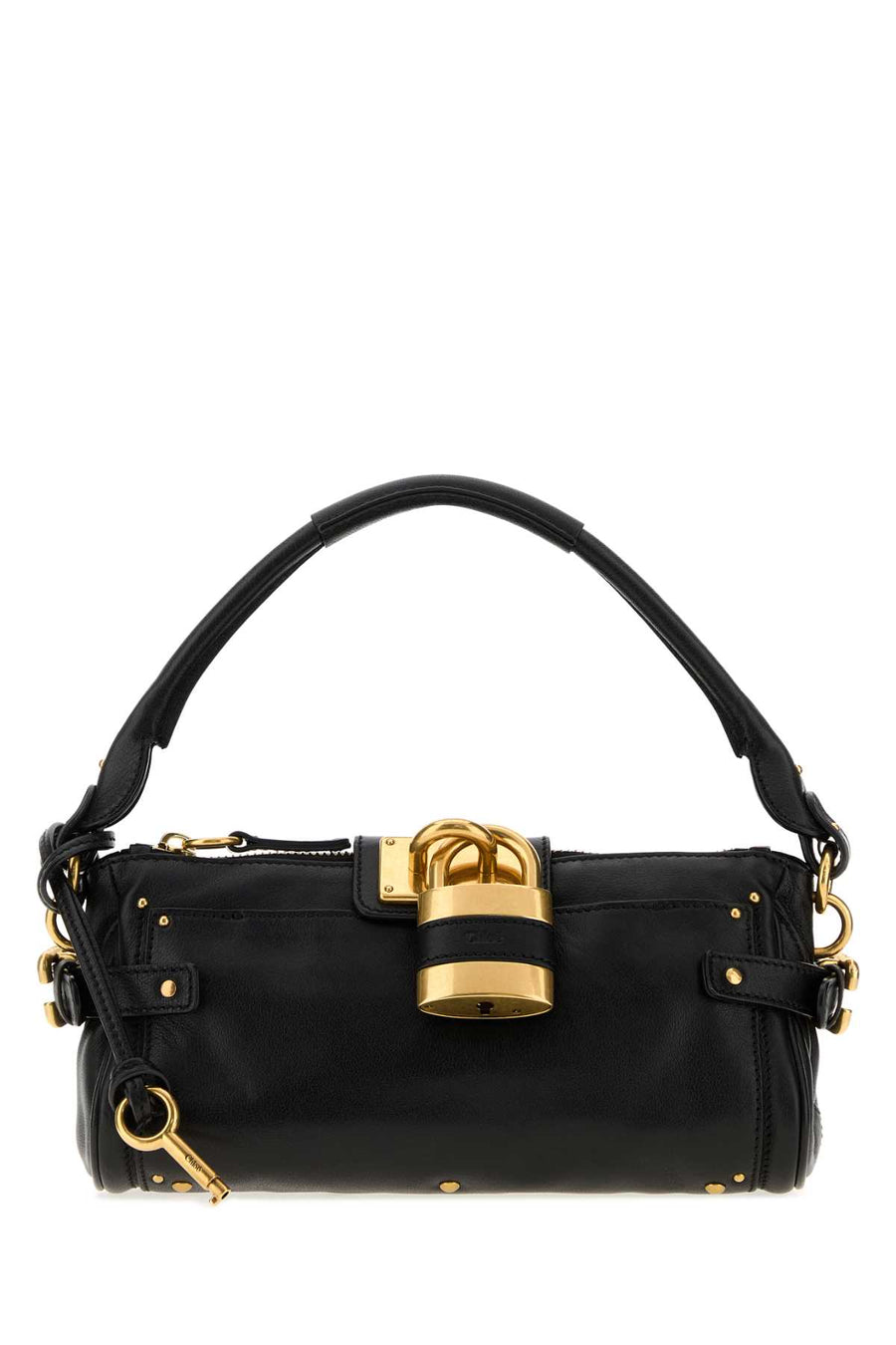 Chloé Paddington Exterior: 100% Bovine leather; Lining: 100% Fabric; Finishing: Antiqued golden metal shoulder bag in black