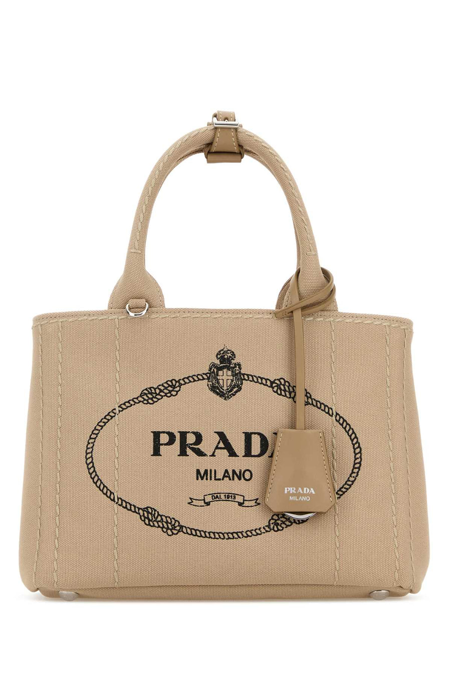 Prada Exterior: 100% Fabric; Lining: 100% Fabric; Finishing: Silver metal tote bag in beige