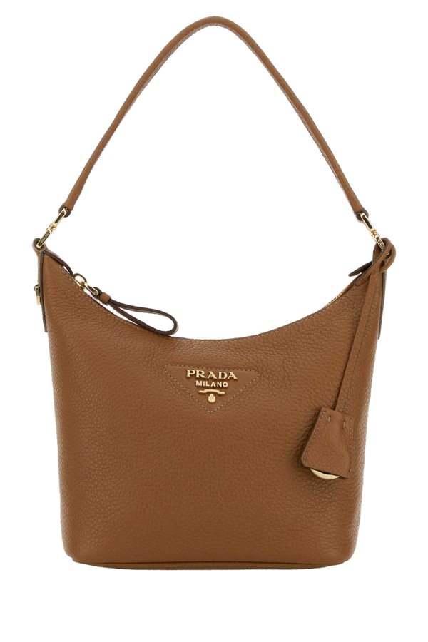Prada Exterior: 100% Deer; Lining: 100% Fabric; Finishing: Golden metal shoulder bag in caramel