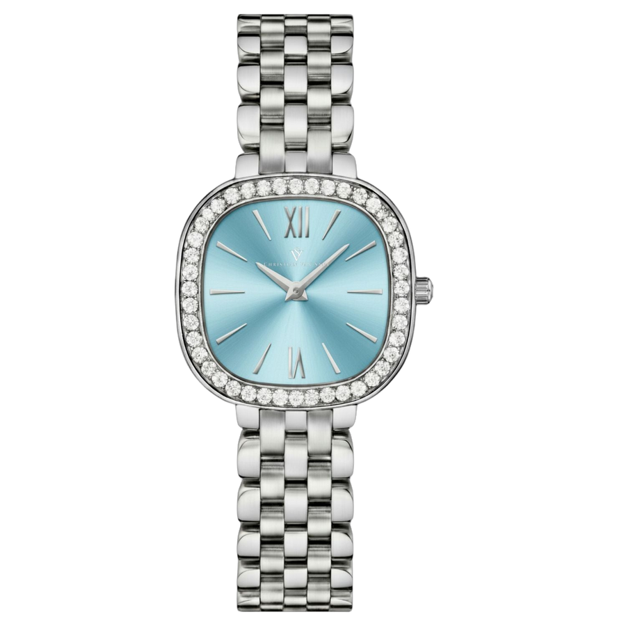 Christian Van Sant Stainless steel case and bracelet; mineral crystal watch in blue