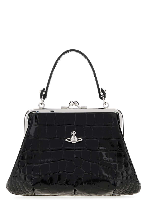 Vivienne Westwood Frame Exterior: 100% Leather; Lining: 100% Fabric; Finishing: Silver metal top handle bag in black