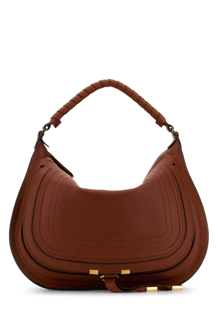 Chloé Marcie Exterior: 100% Calf Lining: 68% Linen 32% Cotton Finishing: Golden metal shoulder bag in brown