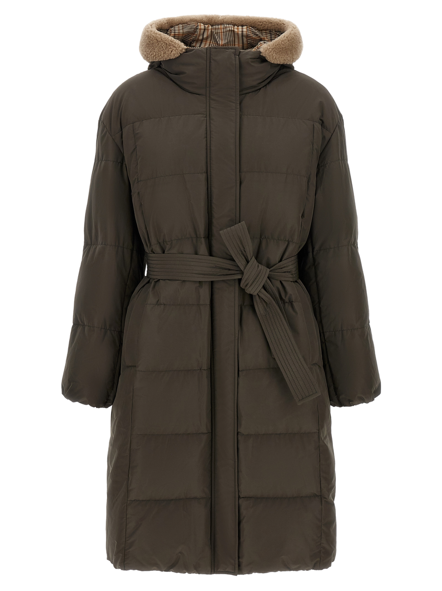 Brunello Cucinelli Cotton canvas with down padding; sherpa and checkered lining down coat in brown