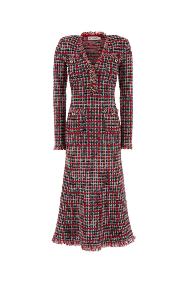 Red Check Frayed Knit Midi Dress Wool Abiti