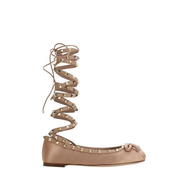 Valentino Garavani Calf leather with satin finish; gold-tone pyramid stud embellishment ballerina flat in brown