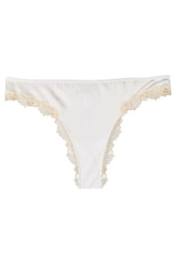 La Perla Silk Satin with Tulle embroidery backing thong in white
