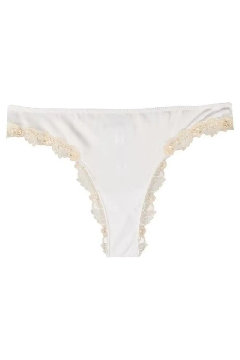La Perla Silk Satin with Tulle embroidery backing thong in white
