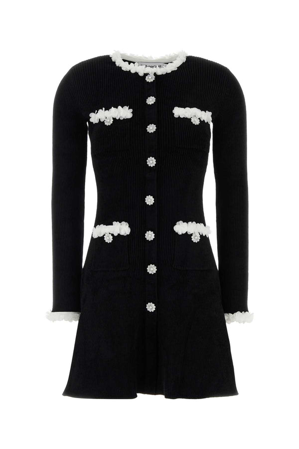 Black Chenille Knit Flower Trim Mini Dress Abiti