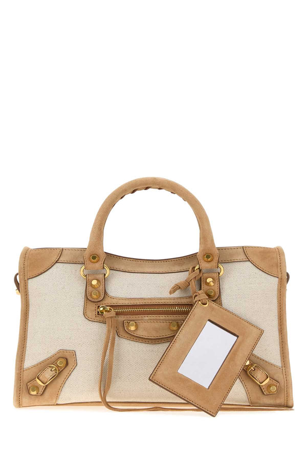 Two-Tone Canvas And Suede Small Le City Handbag Natural/camel Borse A Mano