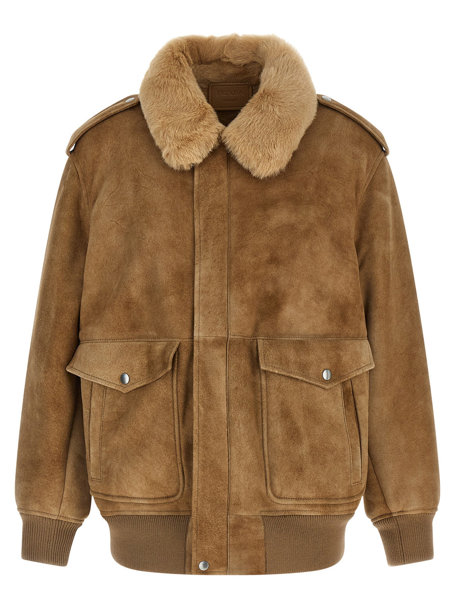 Beige Lamb Leather Bomber Clothing
