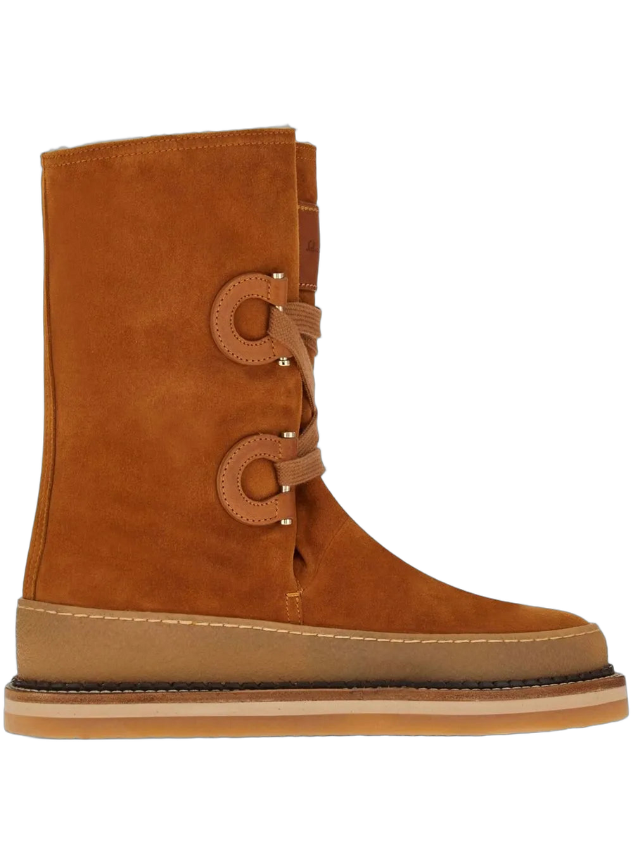 Ferragamo Suede upper; merino wool lining; rubber sole boot in brown