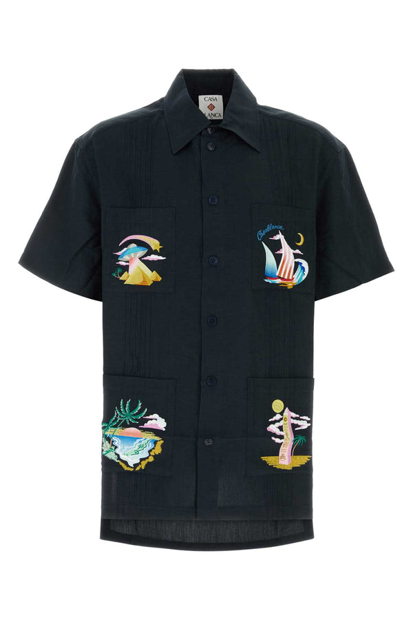 Midnight Blue Viscose Blend Shirt Carbon Exterior: Linen Maglieria