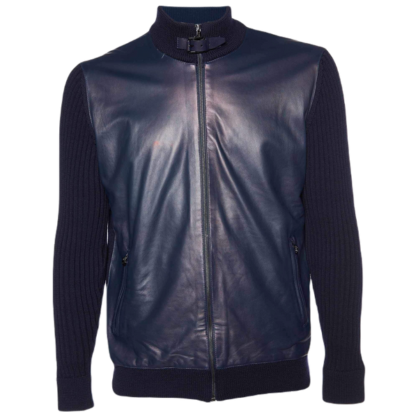 Ferragamo Leather and wool knit jacket in navy