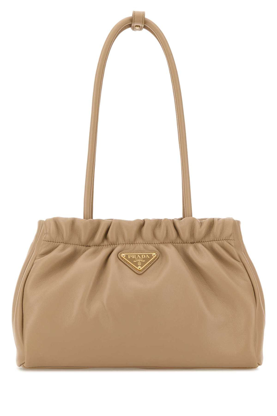Prada Mano Exterior: 100% Nappa leather; Lining: 100% Fabric; Finishing: Golden metal shoulder bag in beige