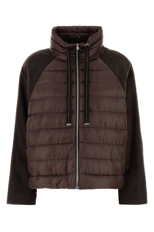Herno Tricot Exterior 1: 70% Polyester 15% Modal 15% Wool; Exterior 2: 100% Nylon; Lining: 100% Nylon; Padding: 80% Down 20% Feather down jacket in brown