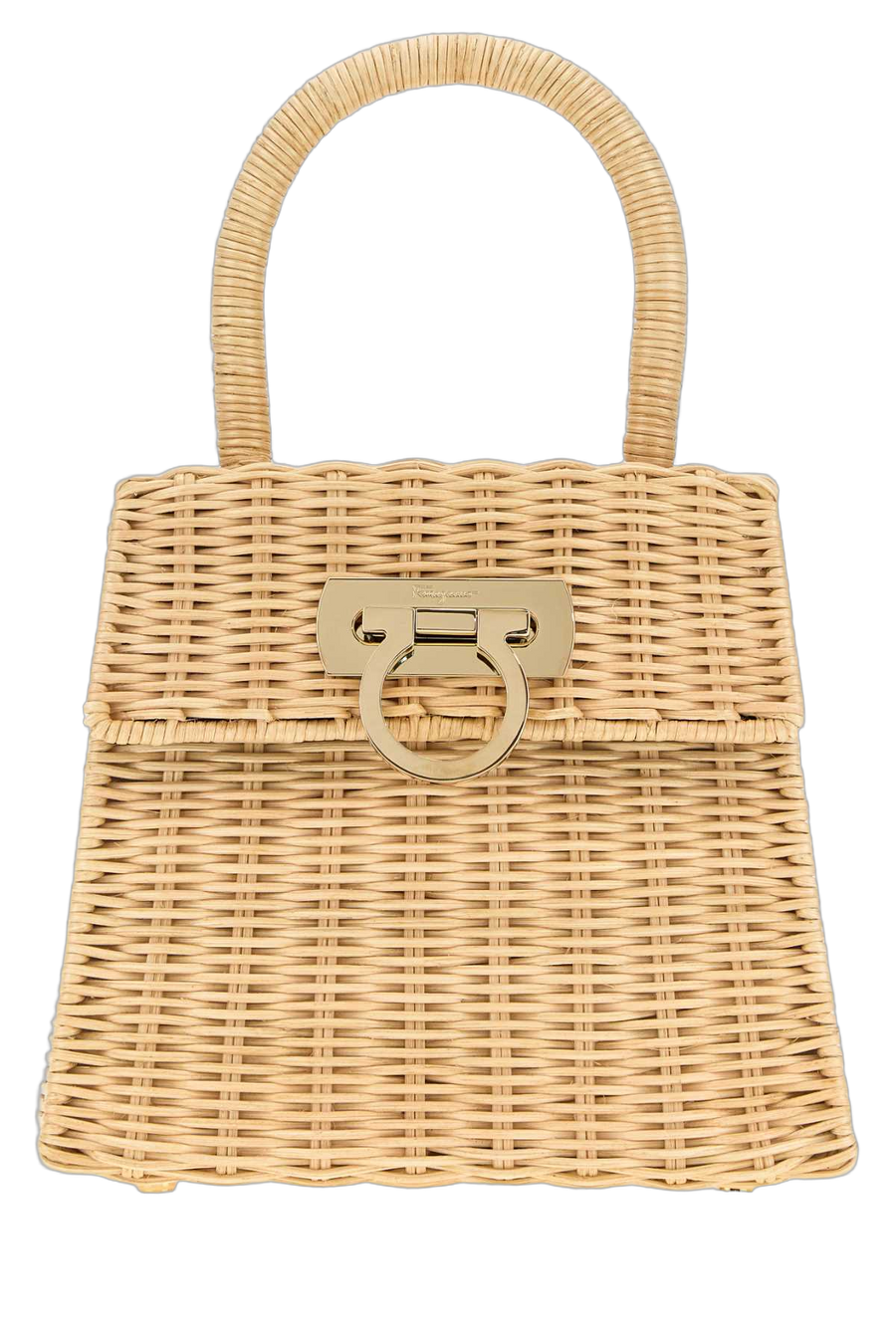Ferragamo Handle Exterior: 100% Raffia; Lining: 100% Fabric; Finishing: Golden metal top handle bag in beige