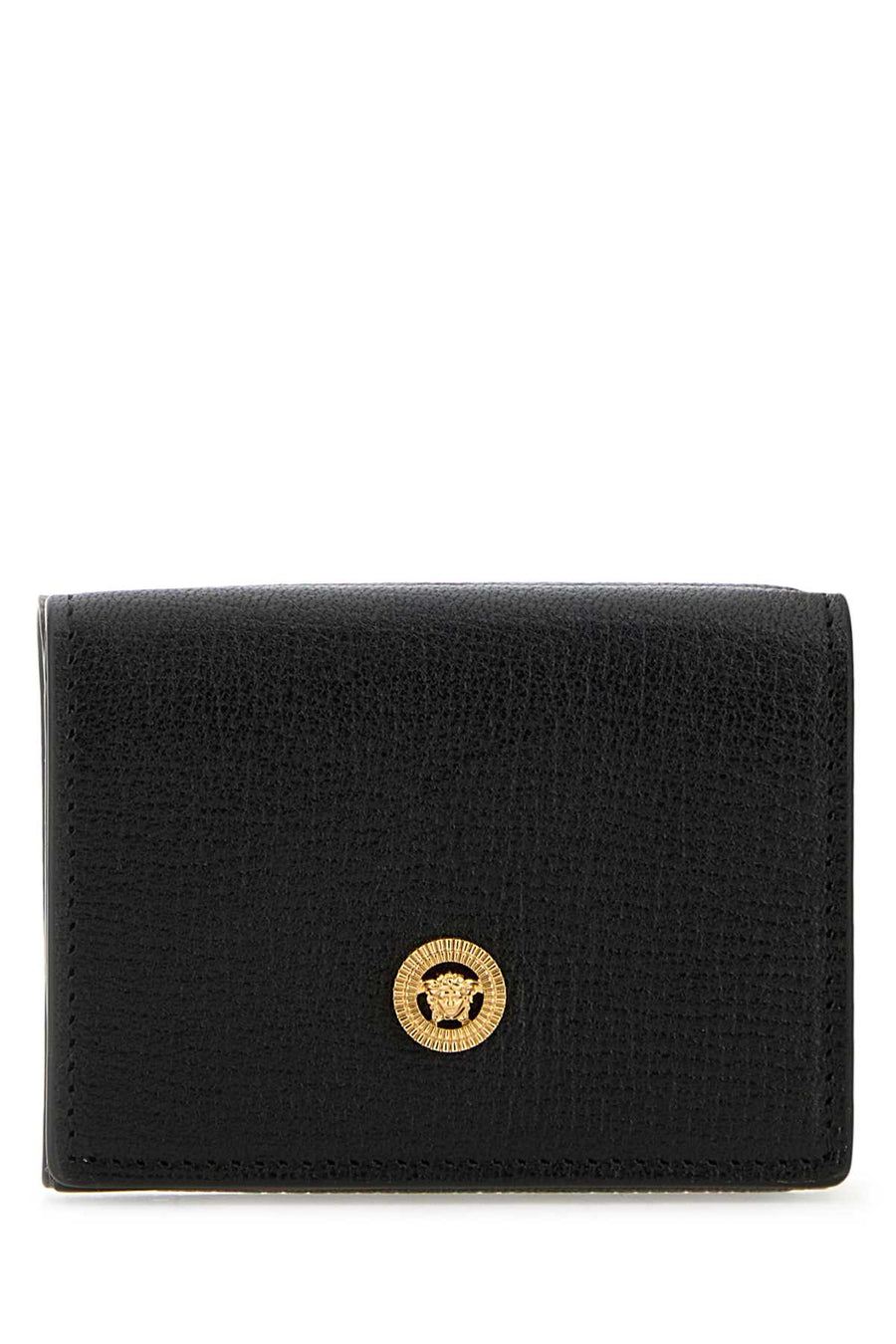 Versace Wallet Exterior: 100% Ovine leather; Finishing: Golden metal wallet in black