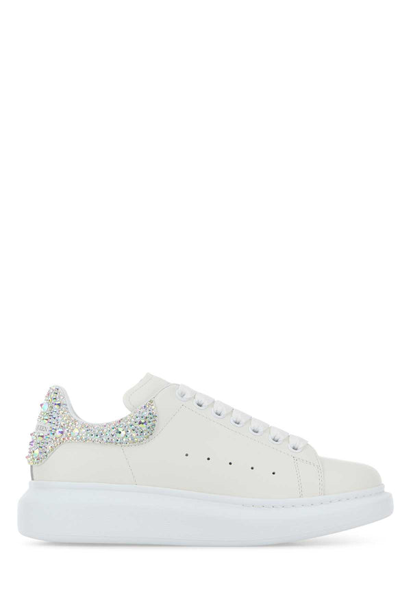White Leather Sneakers With Embellished Suede Heel Whitewhitecrystal